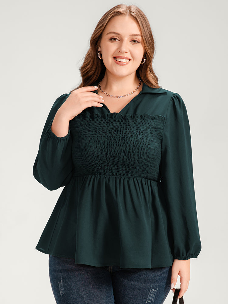 Solid Lantern Sleeve Shirred Ruffles Blouse