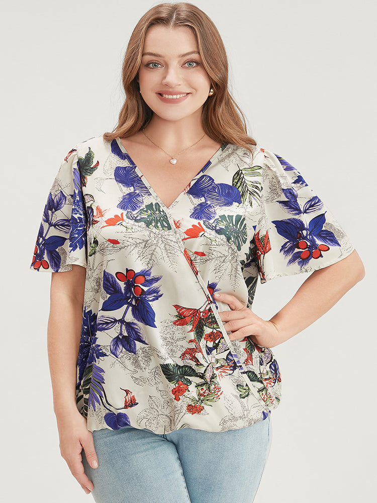 Plant & Floral Ruffle Sleeve Surplice Neck Blouse