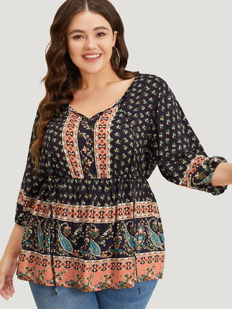 Bandana & Paisley Print Lantern Sleeve Knot Neck Ruffle Blouse