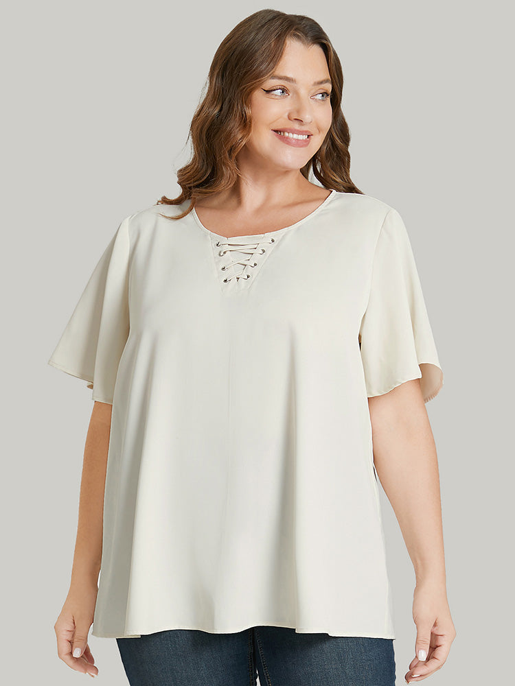 Solid Ruffle Sleeve Crisscross Neck Blouse