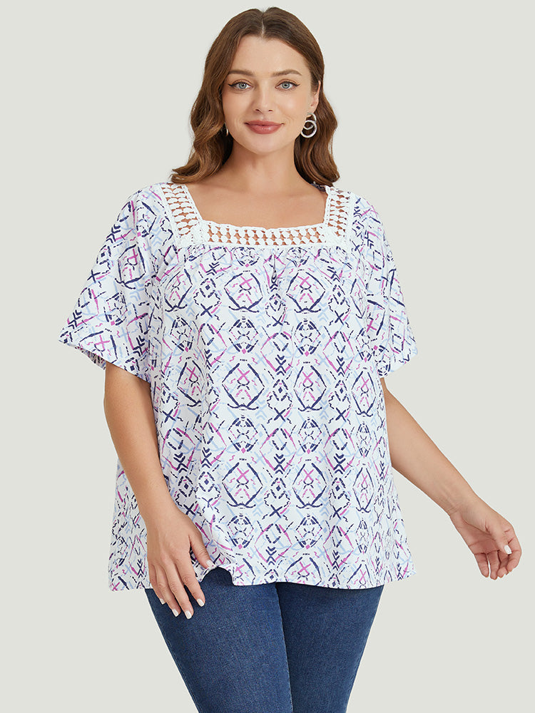 Geometric Print Square Neck Guipure Lace Blouse