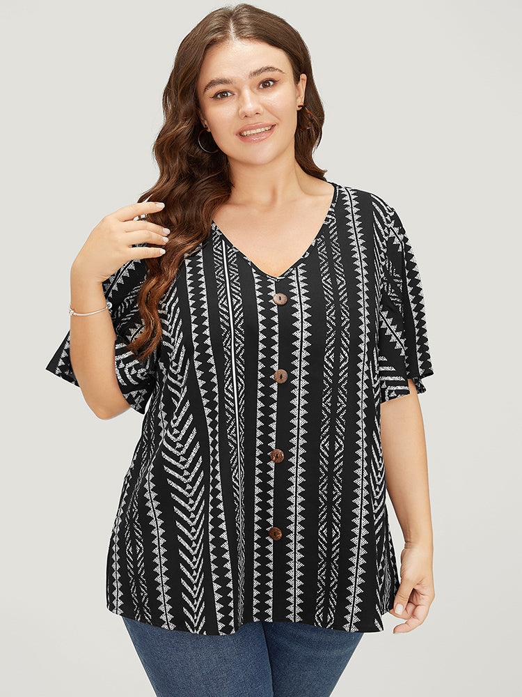 Geometric Print Ruffle Sleeve Button Detail Blouse