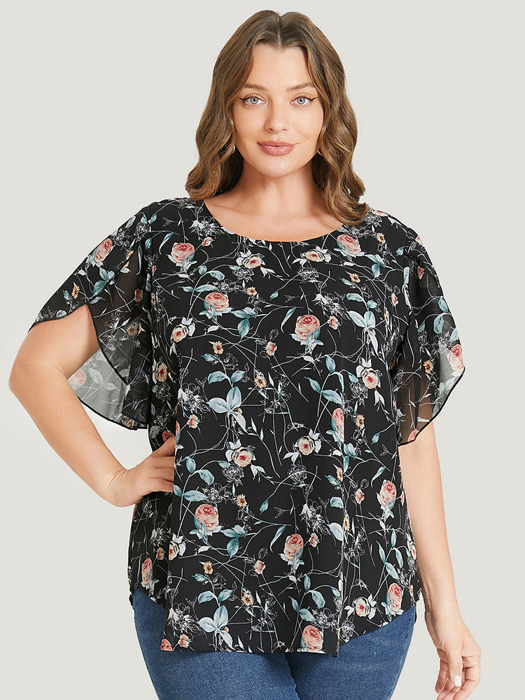 Floral Split Sleeve Chiffon Blouse