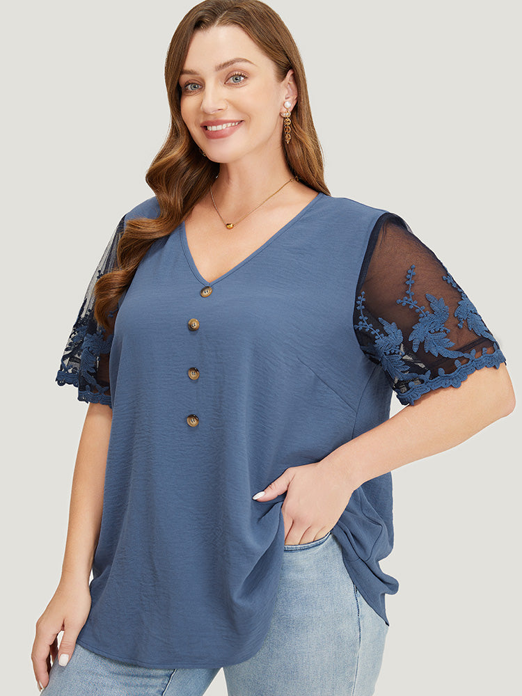 Plain Lace Mesh Sleeve Button Detail Blouse