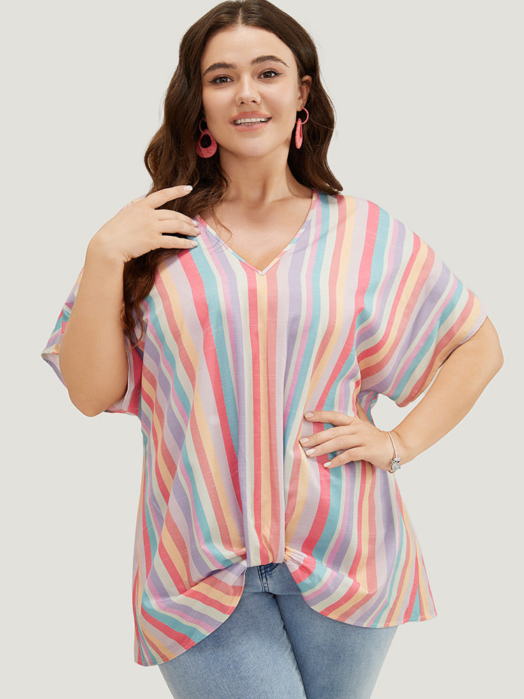 Rainbow Striped Batwing Sleeve Contrast Asymmetrical Hem Blouse