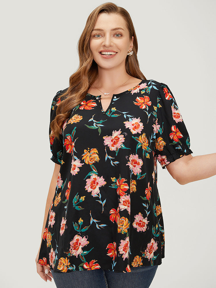 Floral Notched Neck Puff Sleeve Blouse