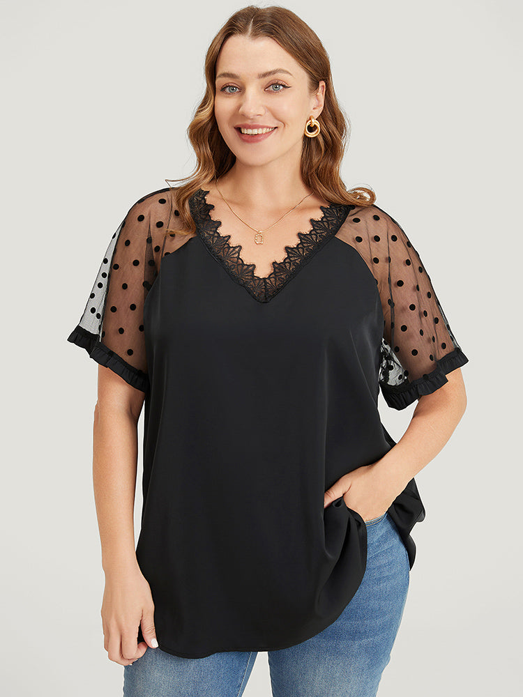 Polka Dot Lace Trim Mesh Raglan Sleeve Blouse