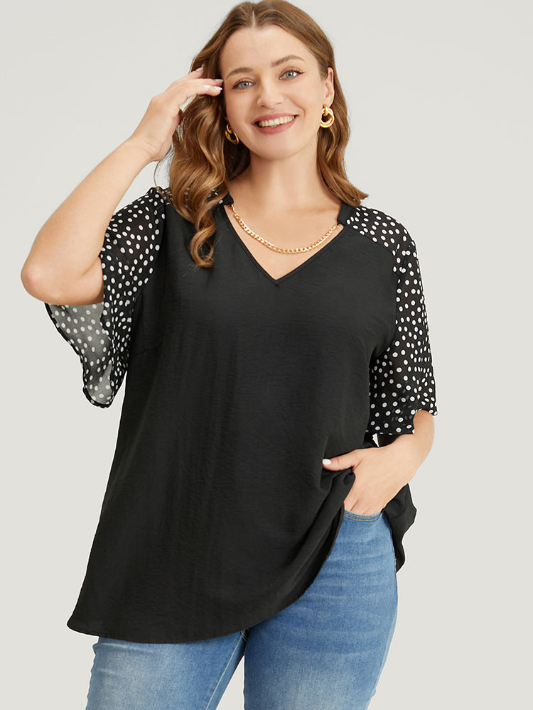 Polka Dot Patchwork Flutter Sleeve Chain Detail Blouse