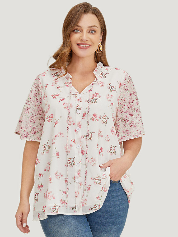 Ditsy Floral Patchwork Frill Trim Tie Neck Blouse