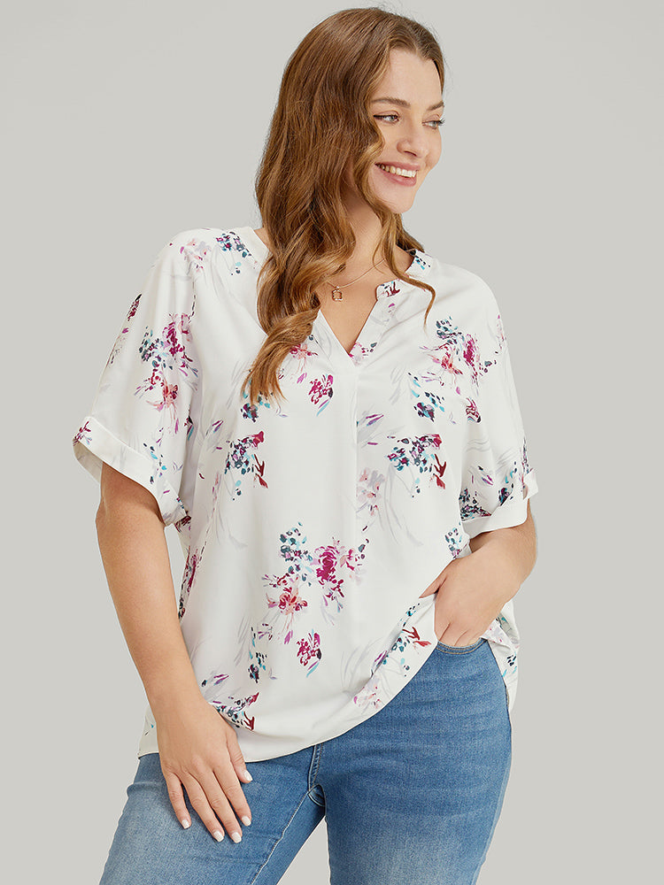 Floral Roll Batwing Sleeve Notched Neck Blouse