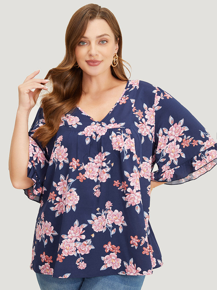 Floral Printed Gathered Ruffle Sleeve Blouse