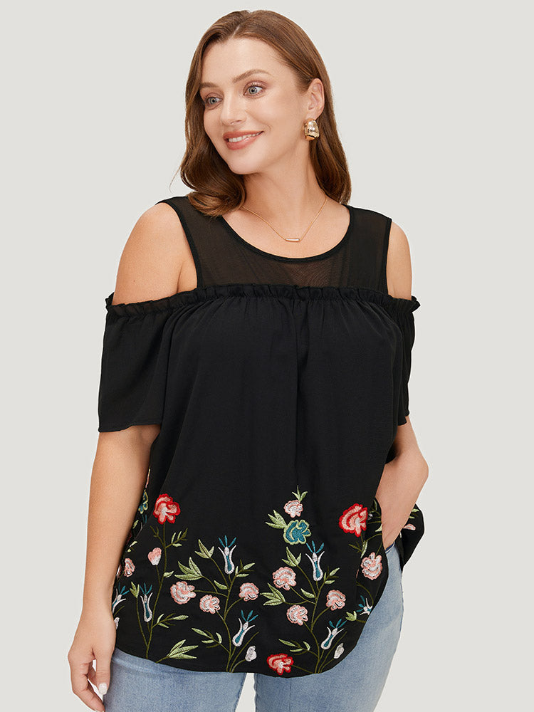 Floral Embroidered Frill Trim Cold Shoulder Blouse