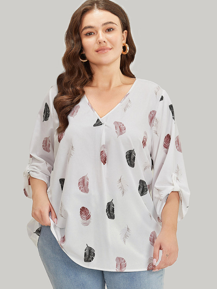 Feather Print Roll Tab Sleeve Blouse