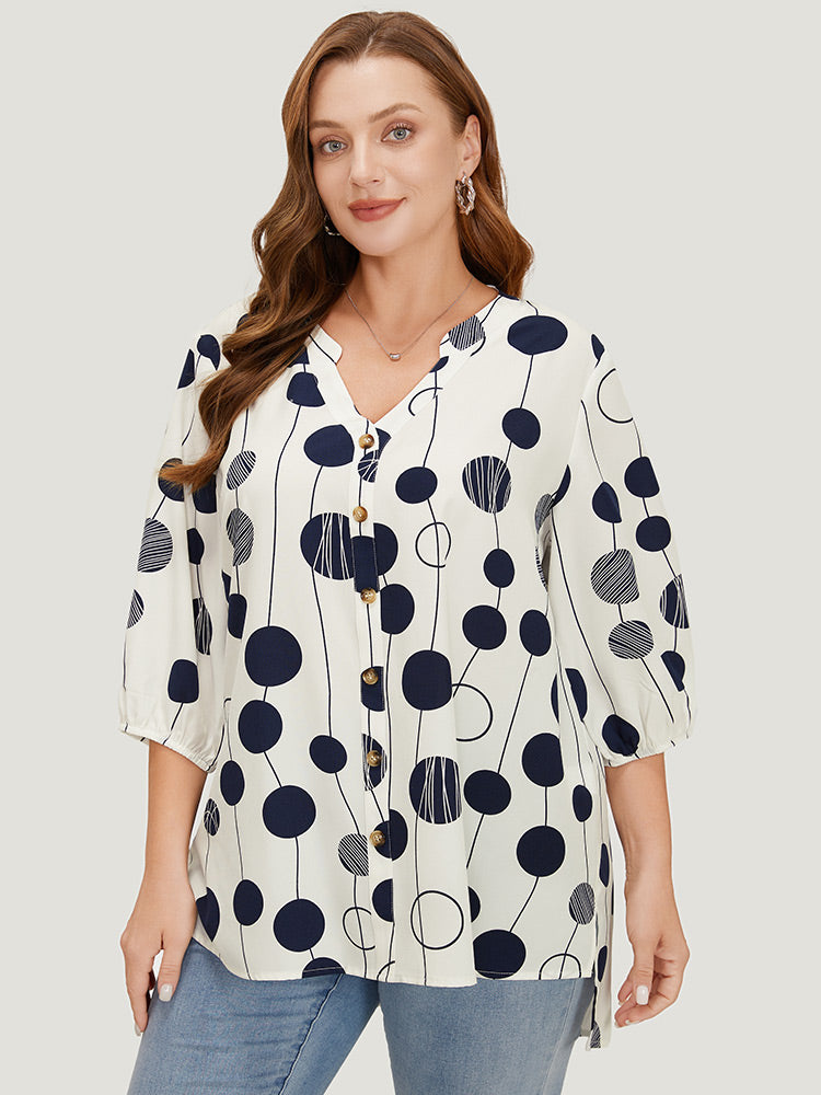 Polka Dot Button Detail Lantern Sleeve Split High Low Blouse