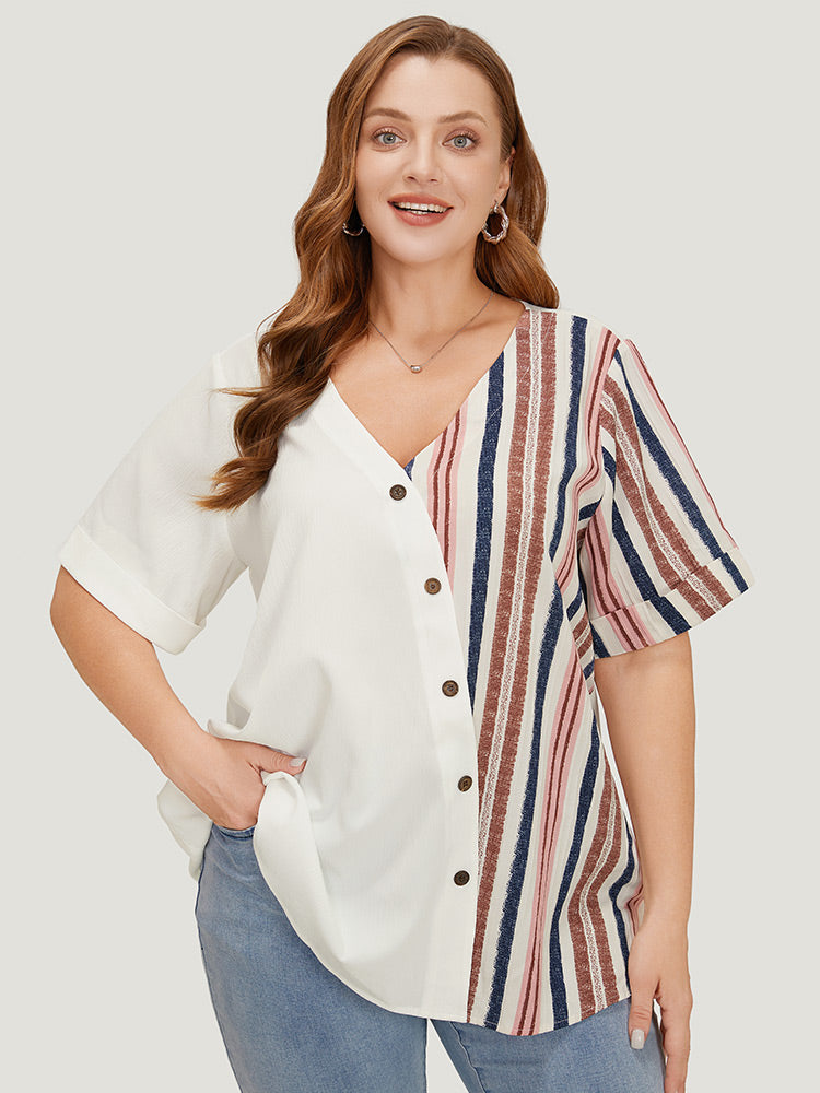 Striped Patchwork Roll Sleeve Button Detail Wrap Blouse