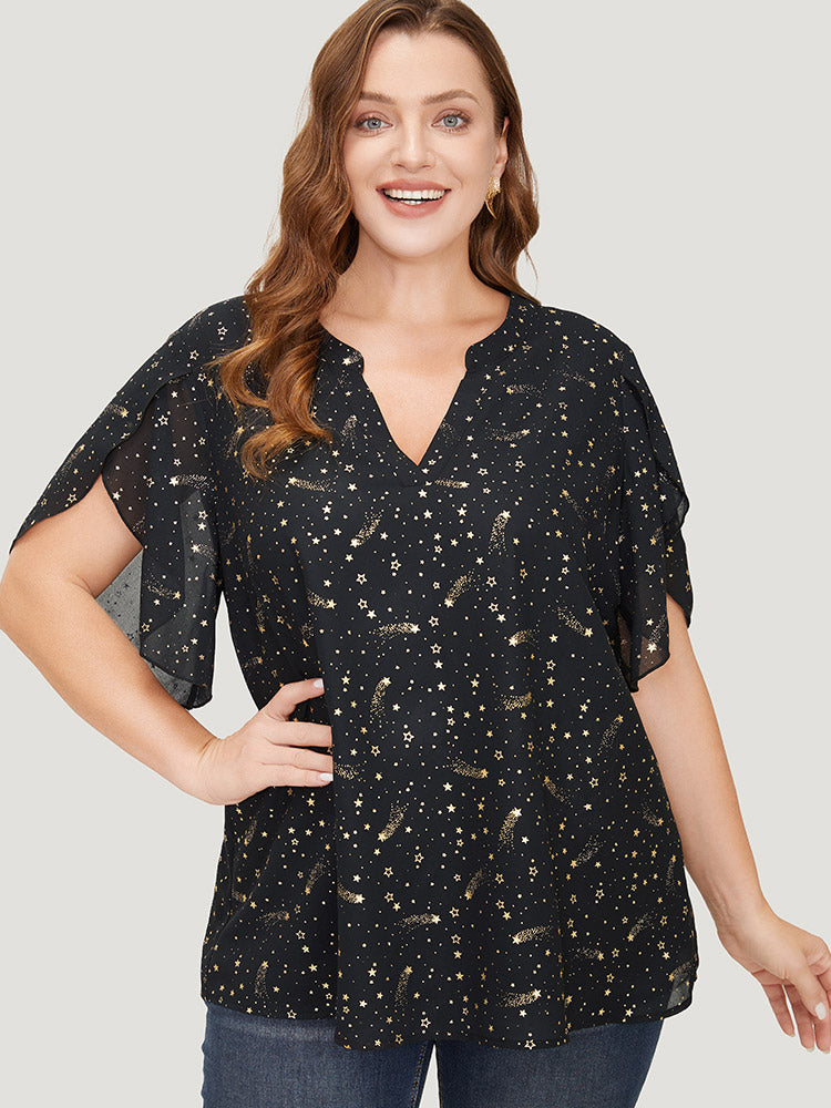 Glitter Star Print Notched Split Petal Sleeve Blouse