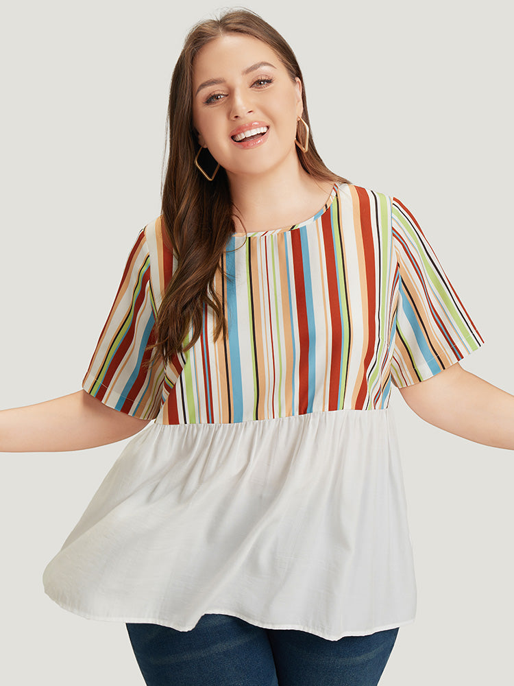 Rainbow Striped Patchwork Gathered Blouse