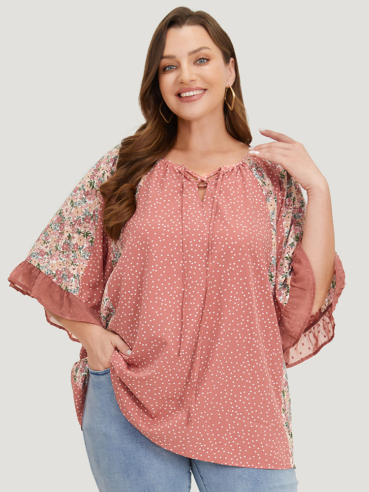 Polka Dot & Ditsy Floral Flounce Sleeve Lace Up Blouse