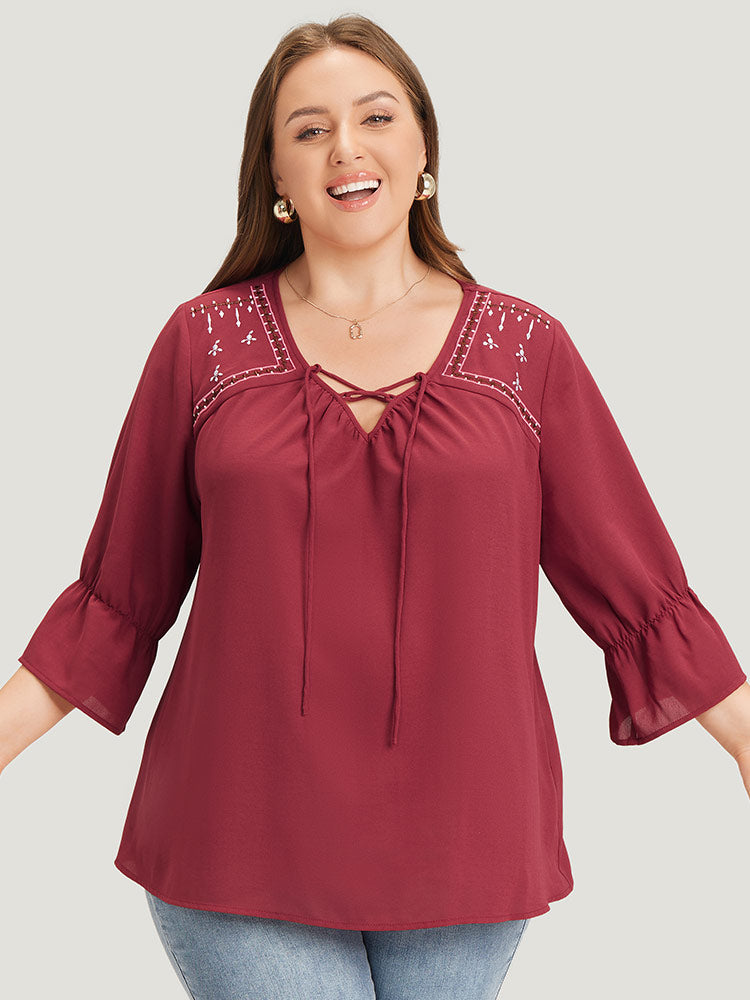 Plain Embroidered Lace Up Bell Sleeve Blouse