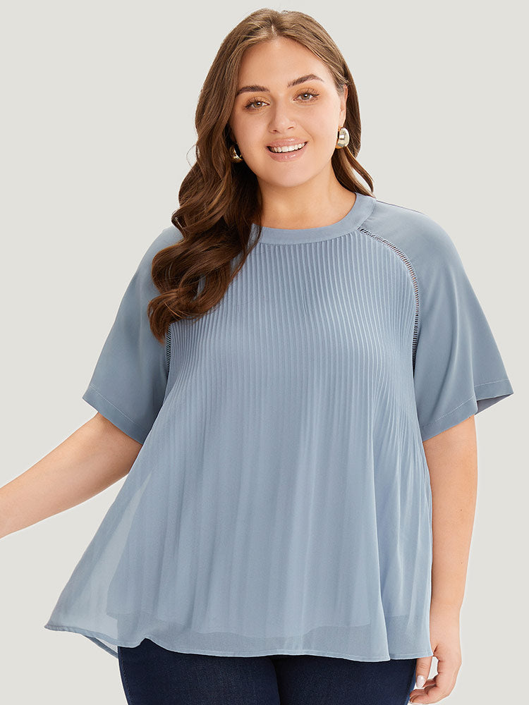 Solid Pleated Raglan Sleeve Patchwork Blouse