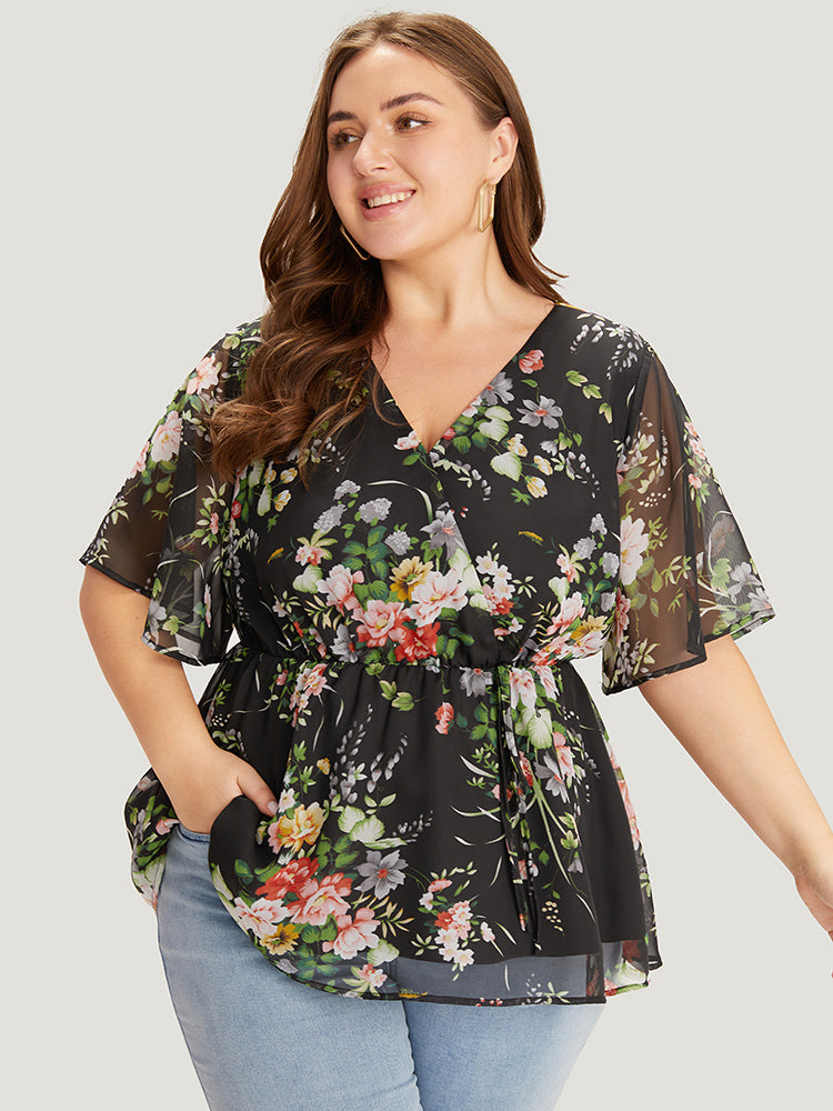 Floral Wrap Mesh Sleeve Blouse