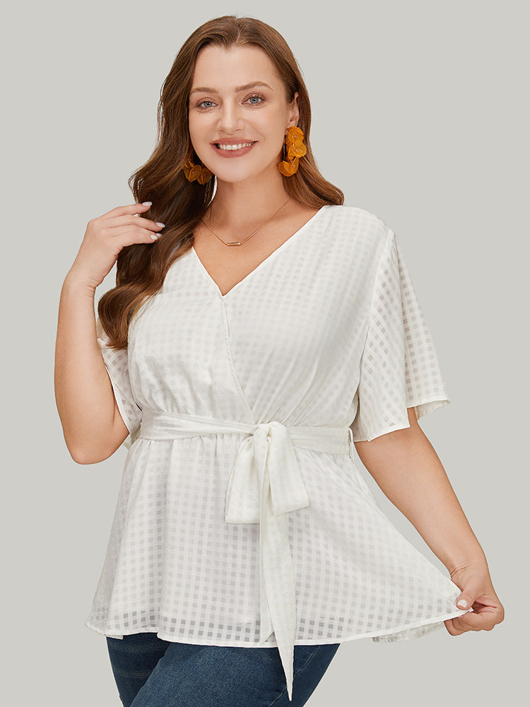 Plain Gingham Mesh Ruffle Sleeve Belt Wrap Blouse