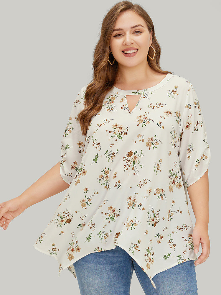 Floral Cuffed Sleeve Hanky Hem Keyhole Neck Blouse