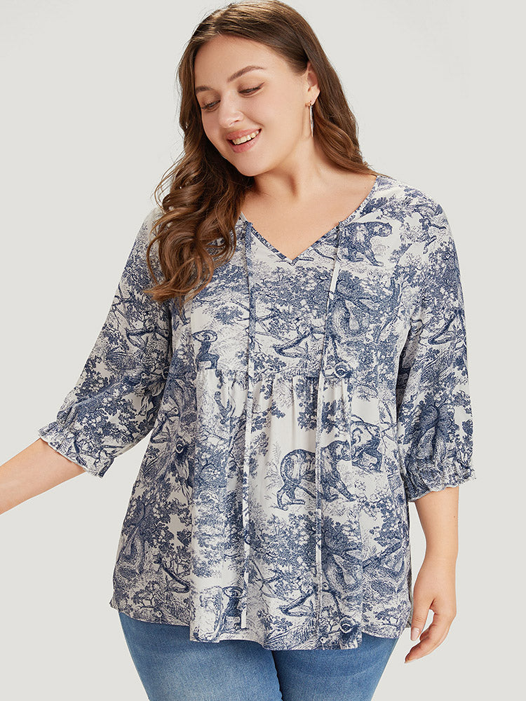 Print Knot Neck Lantern Sleeve Ruffle Hem Blouse