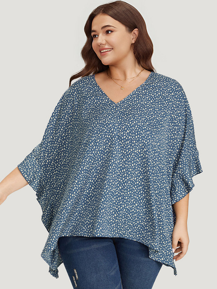 Leopard Print Ruffle Trim Asymmetrical Hem Batwing Sleeve Blouse