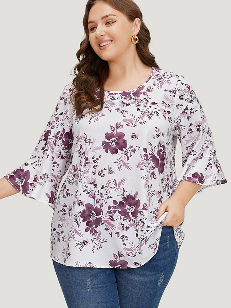 Floral Print Bell Sleeve Crew Neck Blouse