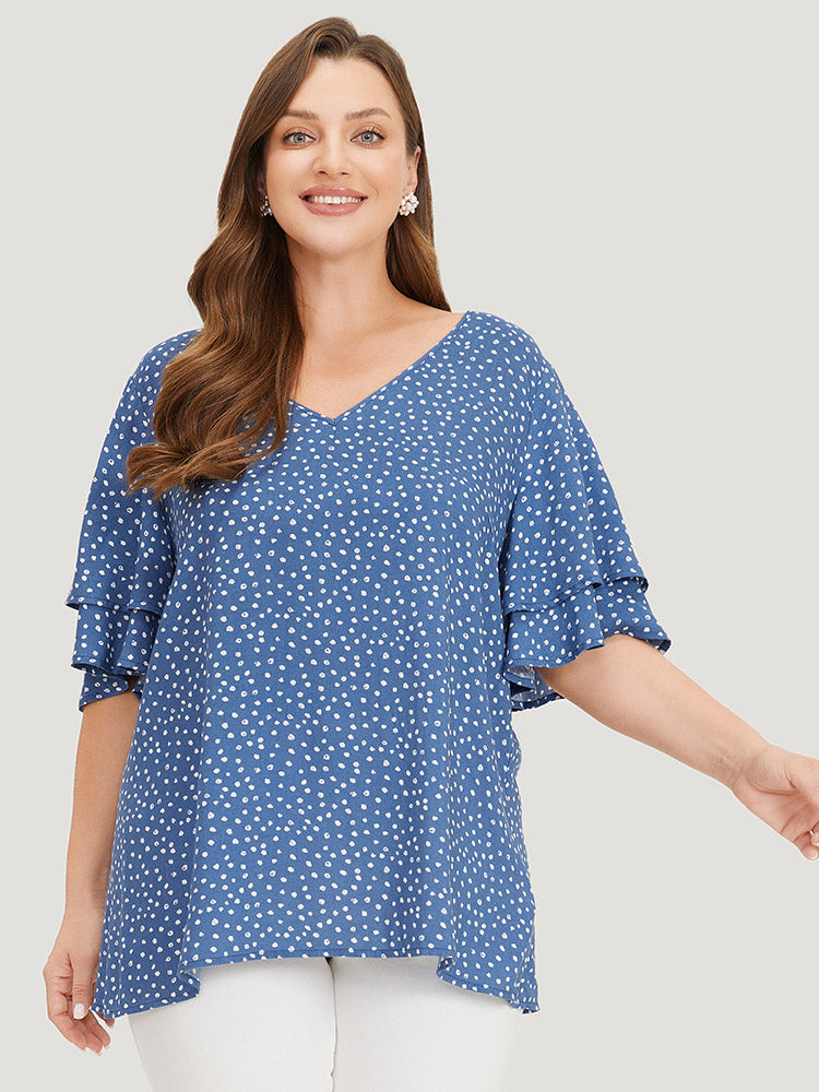 Polka Dot Flutter Sleeve Layered Blouse