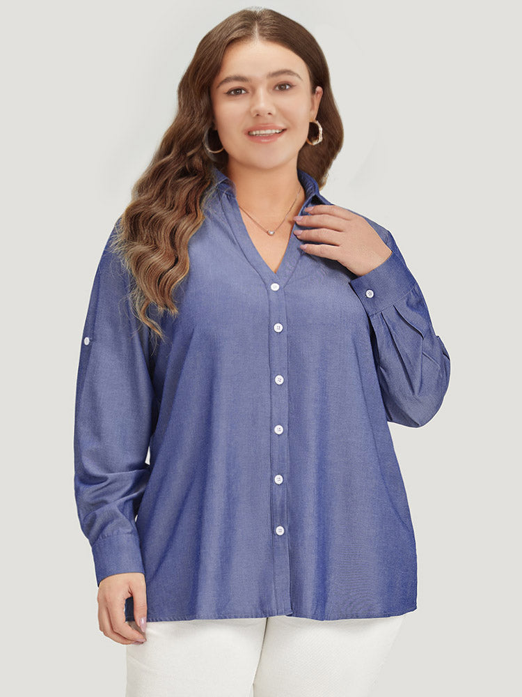 Plain Button Up Shirt Collar Tab Sleeve Blouse