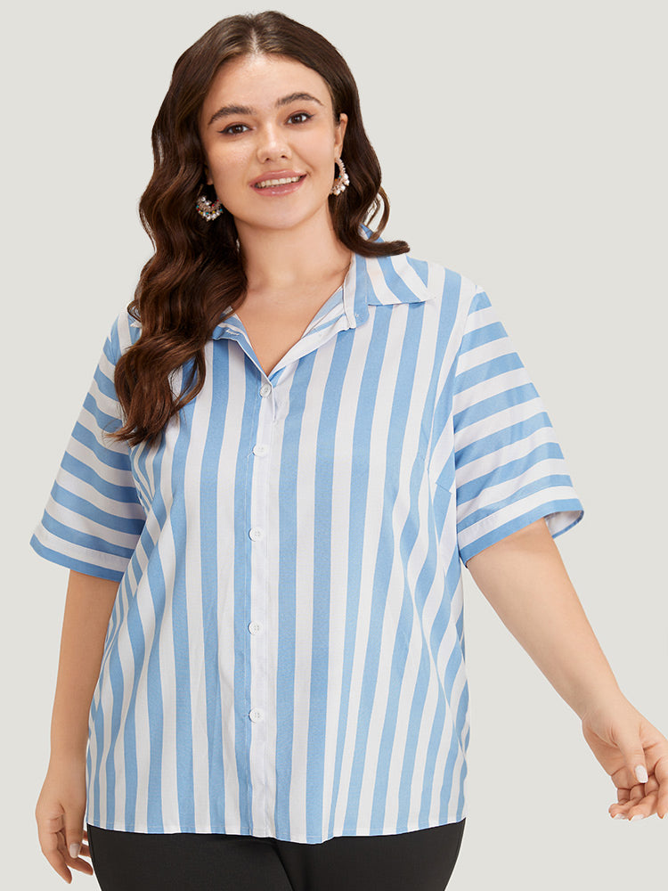 Striped Shirt Collar Button Through Blouse