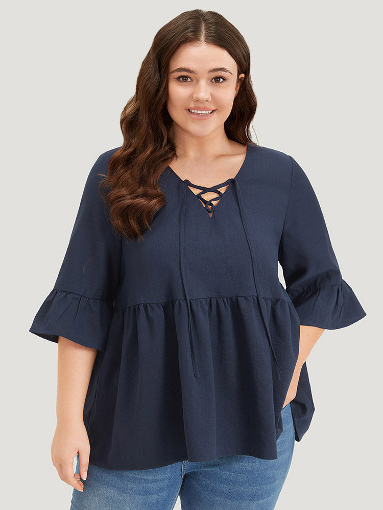 Plain Lace Up Flutter Gathered Bell Sleeve Blouse