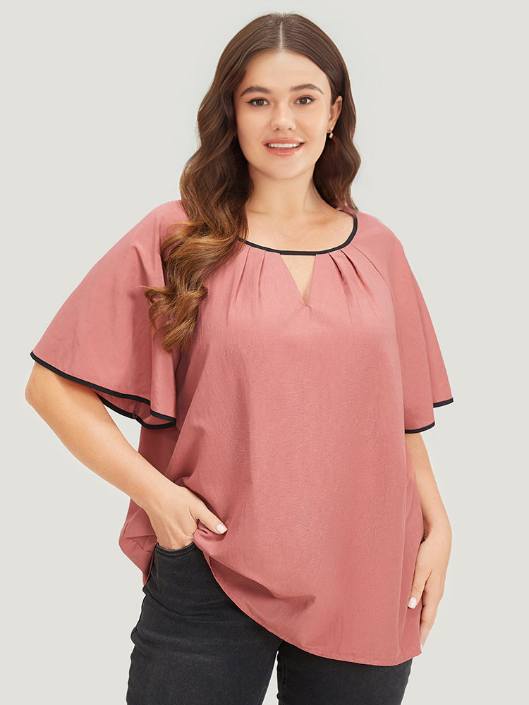 Contrast Trim Plicated Detail Ruffle Sleeve Keyhole Blouse