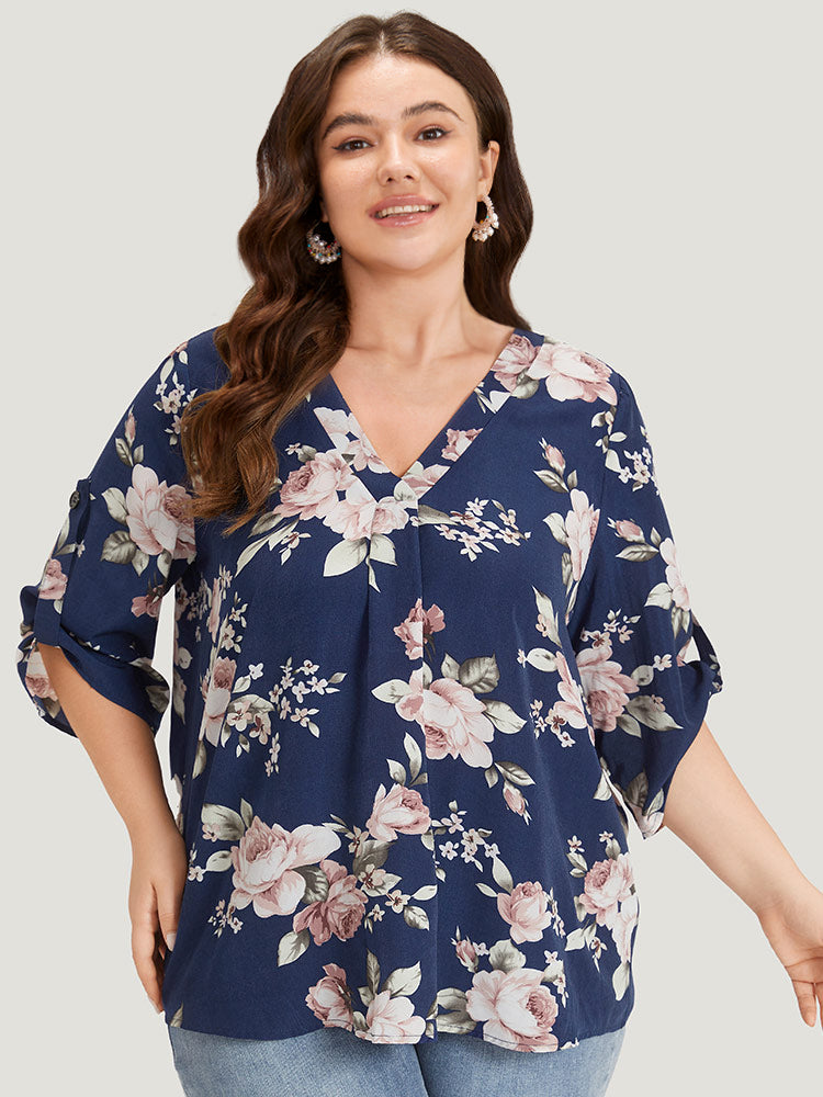 Floral Print V Neck Plicated Detail Tab Sleeve Blouse