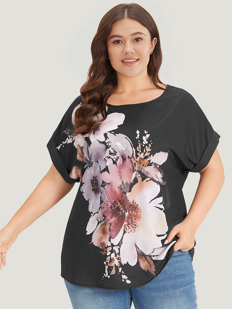 Floral Print Crew Neck Roll Dolman Sleeve Blouse