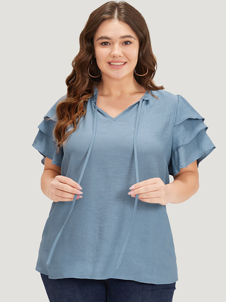 Plain Knot Neck Stand Collar Ruffle Layered Sleeve Blouse