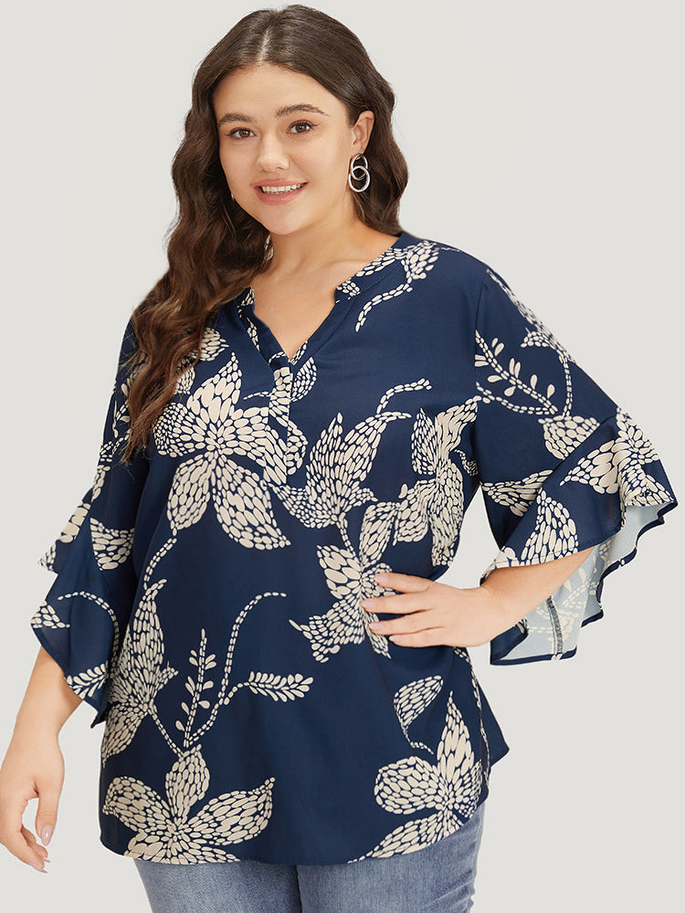 Silhouette Floral Print Bell Sleeve Ruffle Trim Blouse