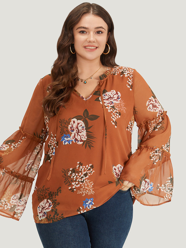 Floral Print Knot Neck Frill Trim Mesh Bell Sleeve Blouse