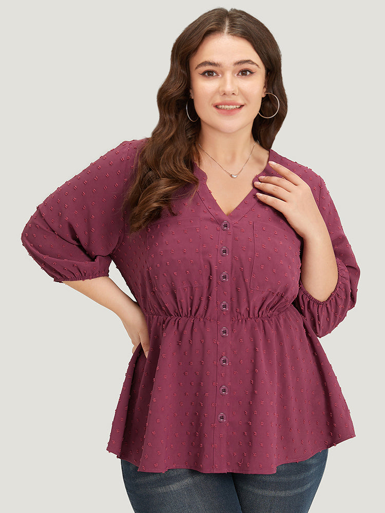 Plain Notched Button Through Lantern Sleeve Blouse