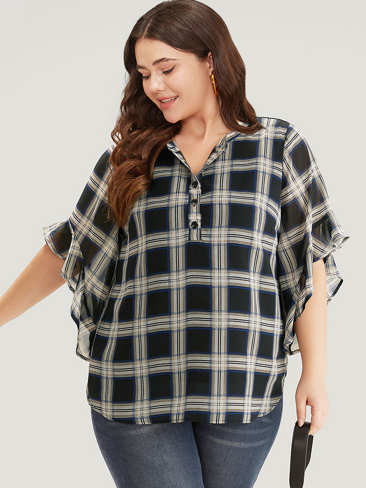 Plaid Button Up Ruffles Bell Sleeve Blouse