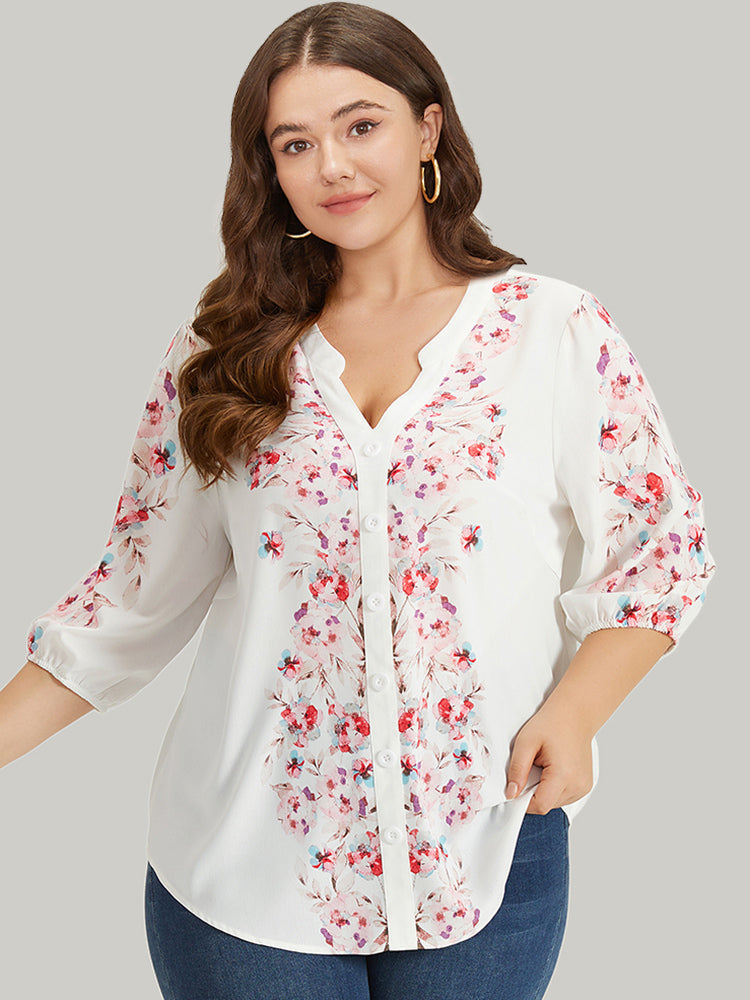 Floral Print Button Detail Notched Lantern Sleeve Blouse