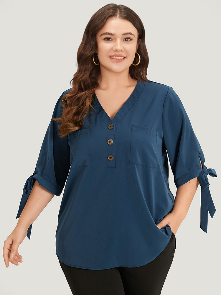 Anti-Wrinkle Plain Button Up Knot V Neck Pocket Blouse