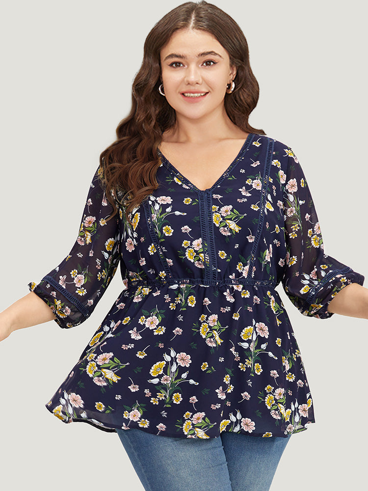 Floral Print V Neck Guipure Lace Mesh Lantern Sleeve Blouse