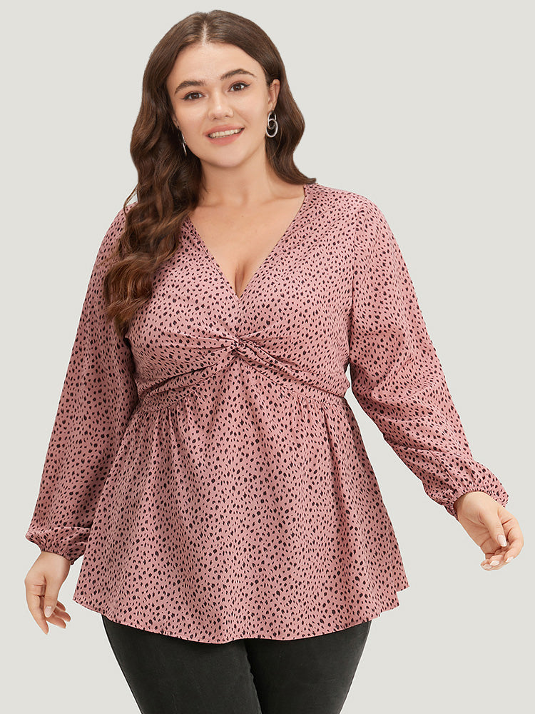 Dot Print Twist Front Gathered V Neck Blouse