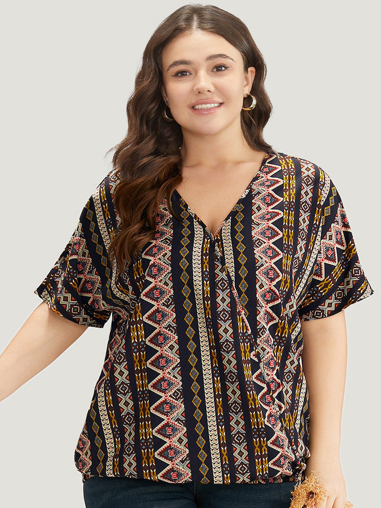 Boho Print V Neck Wrap Blouse