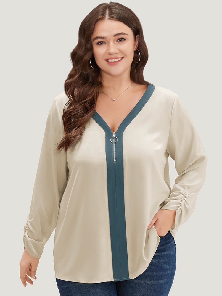 Anti-Wrinkle Half Zip Gathered Contrast Trim Blouse