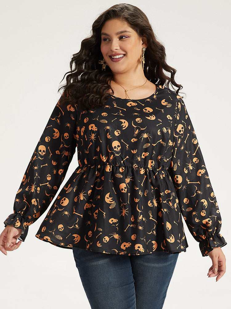 Halloween Print Elastic Waist Crew Neck Lantern Sleeve Blouse