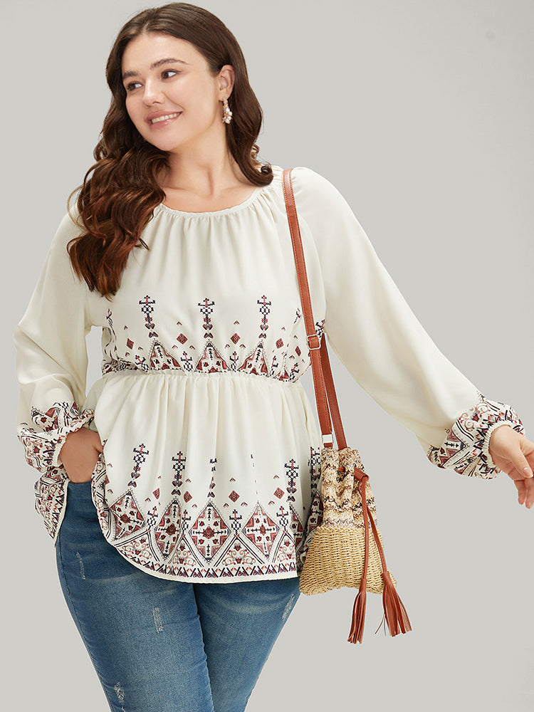 Boho Print Crew Neck Gathered Elastic Waist Blouse